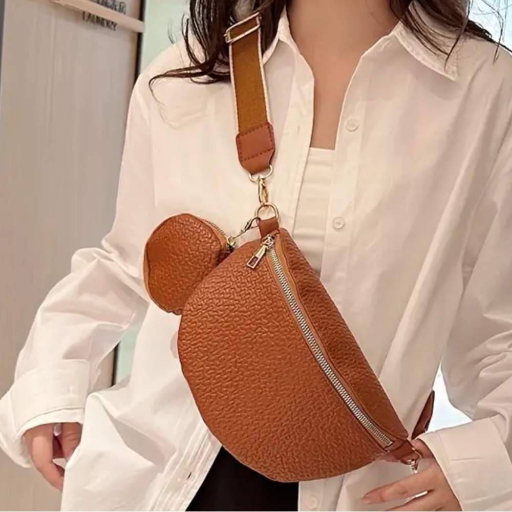 Embossed Textured Fanny Pack, Zipper Crossbody With Mini Coin Purse brown